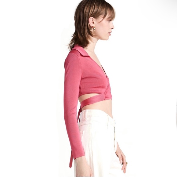 NEW CULT GAIA PINK KNIT CROPPED WRAP TOP - Picture 5 of 11